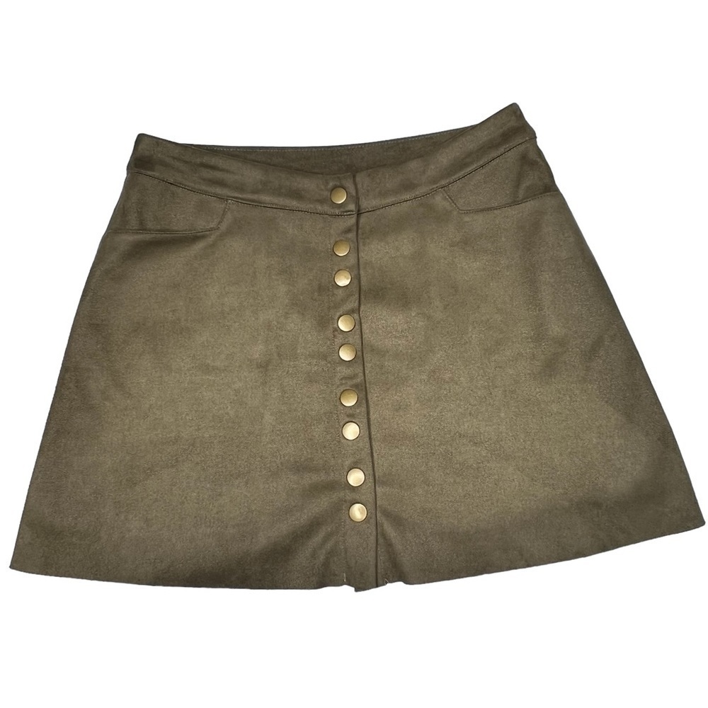 SAGE THE LABEL Olive Green Suede Mini Skirt Snap Button Front Size S